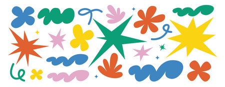 Abstract  shapes set. Groovy funky flower, bubble, star, loop, waves in trendy retro 90s cartoon style. Vector illustration with wavy and spiral elements.のイラスト素材