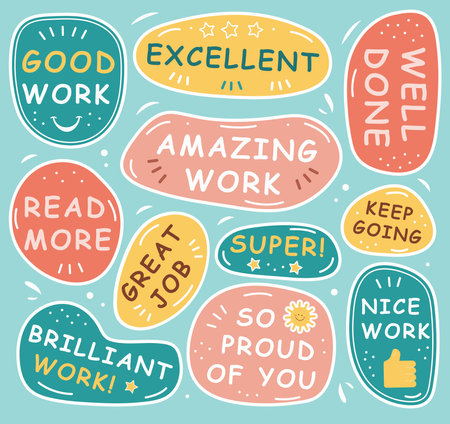 Motivational and encouraging stickers pack. School reward labels, encouragement signs. Educational stickers, inspirational phrases for personal planner. Vectorのイラスト素材
