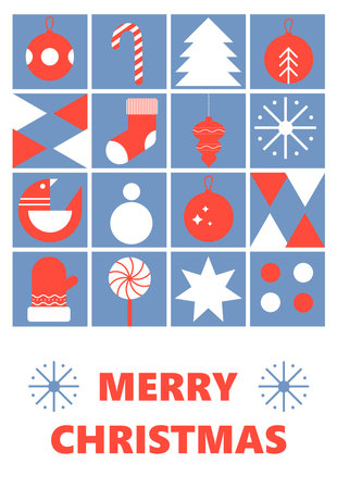 Merry Christmas Greeting Card in modern minimalist geometric style.  Minimal  Christmas art banner, poster, cover templates backgrounds with geometric patterns, stars and abstract elements.のイラスト素材