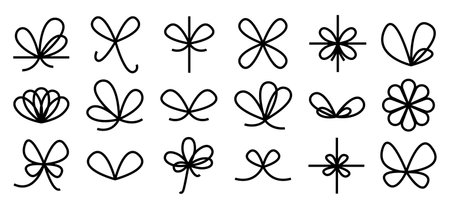 Set of line art style festive ribbon bows for gifts. Holiday gift decoration silhouette, birthday elegant design element, Christmas, Valentine day .   Isolated vector.のイラスト素材