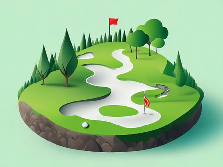 Illustration of a golf course with a golf ball. Created with generative AI technology.の素材