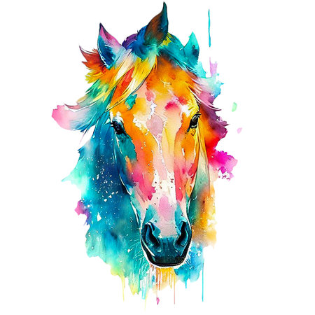 A watercolor painting of a horse. Color splash, multicolor, Abstract digital art, paint splash, white background. Created with generative AI technology.の素材