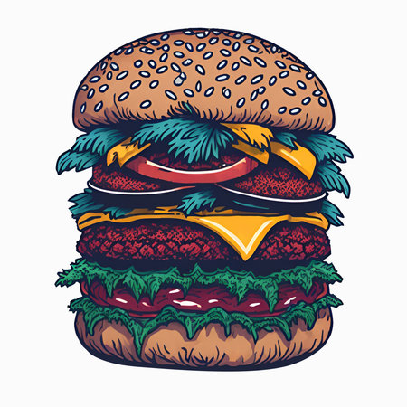 An detailed illustration of burger, 60s fashion, t-shirt design, white background. Created with generative AI technology.の素材