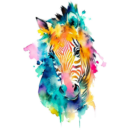 A watercolor painting of a zebra. Color splash, multicolor, Abstract digital art, paint splash, white background. Created with generative AI technology.の素材