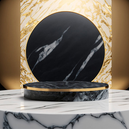 Black marble pedestal on abstract background, round gold frame, memorial board, cylinder steps, abstract minimal concept, luxury minimalist mockup. Created with generative ai technology.の素材
