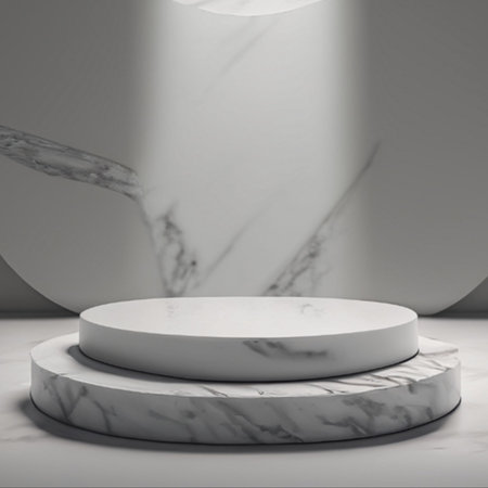 White marble pedestal on abstract background, round gold frame, memorial board, cylinder steps, abstract minimal concept, luxury minimalist mockup. Created with generative ai technology.の素材