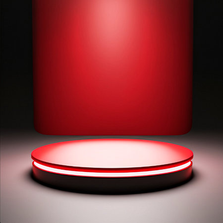 Black and red pedestal on abstract background, round gold frame, memorial board, cylinder steps, abstract minimal concept, luxury minimalist mockup. Created with generative ai technology.の素材