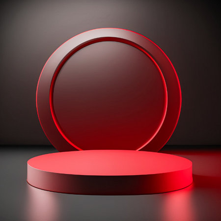 Black and red pedestal on abstract background, round gold frame, memorial board, cylinder steps, abstract minimal concept, luxury minimalist mockup. Created with generative ai technology.の素材