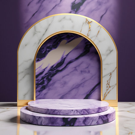 Purple marble pedestal on abstract background, round gold frame, memorial board, cylinder steps, abstract minimal concept, luxury minimalist mockup. Created with generative ai technology.の素材
