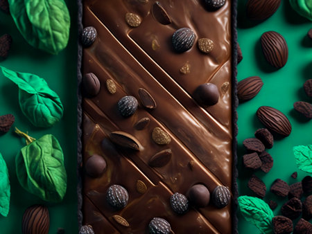 Beautiful and realistic glossy chocolate flow with splash and drops on mint green background. Generative AI.の素材