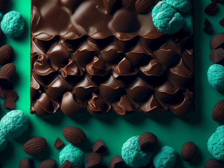 Beautiful and realistic glossy chocolate flow with splash and drops on mint green background. Generative AI.の素材