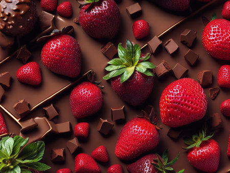 Fresh strawberries on chocolate background, created with generative ai technology.の素材