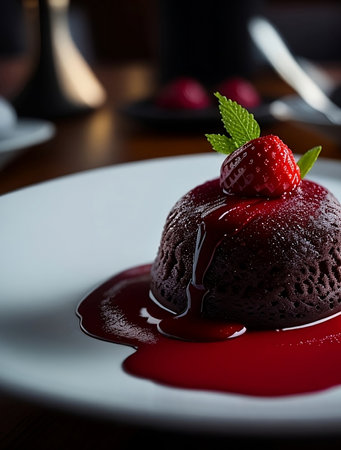 Baked Chocolate Lava Cakes with Raspberries. Generative AI.の素材