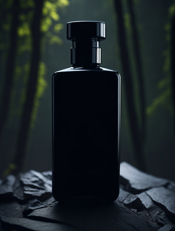 Black bottle for men's perfume on stones, against the backdrop of a mysterious forest. Generative AI.の素材