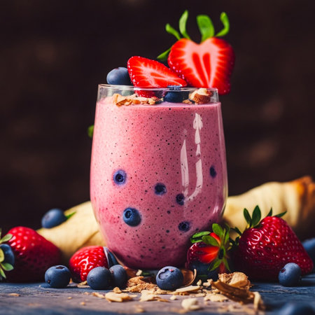 Strawberry smoothie in a glass with scattered blueberries around. Generative AI.の素材