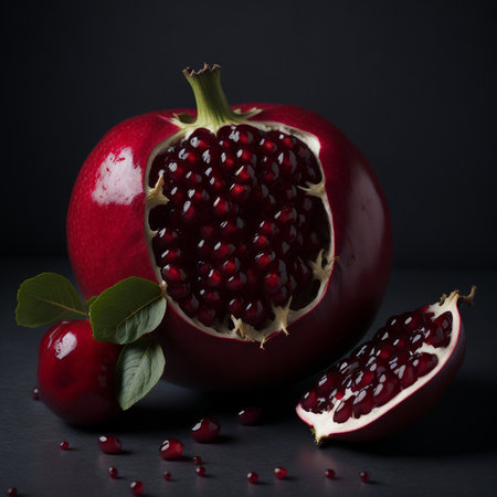 juicy pomegranate on the table in the middle of skins and pomegranate seeds. Generative AI.の素材
