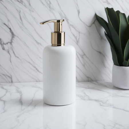 Empty cosmetic bottle on marble table. White Marble Table Top can be used for display or montage your products. Generative AI.の素材