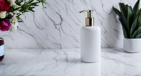 Empty cosmetic bottle on marble table. White Marble Table Top can be used for display or montage your products. Generative AI.の素材