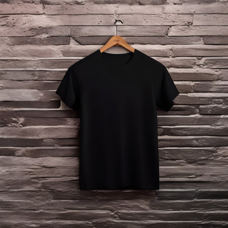 Stylish black t-shirt on brown brick wall, front views. Space for design. Generative AI.の素材