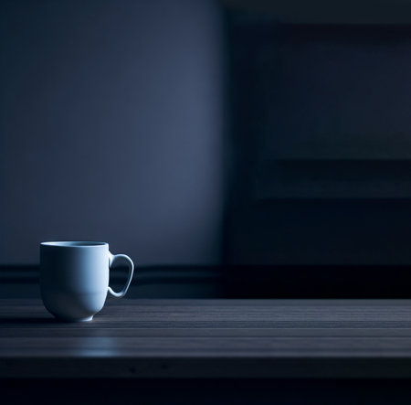 One white cup on empty wooden table in a dark room. Blurred background. Generative AI.の素材