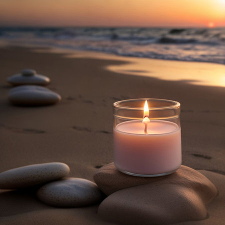 Lighted small candles in glass glasses against the background of the sea and a summer sunset. Generative AI.の素材
