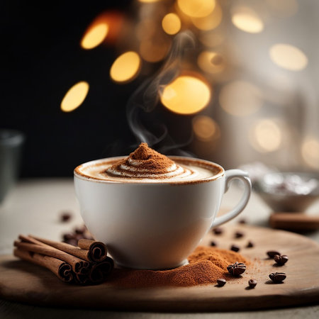 A cup of fragrant coffee around coffee grains and cinnamon sticks are scattered. Generative AI.の素材