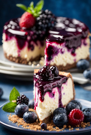 Piece of cheesecake with black currant and blueberry sauce on white plate on wooden table. Closeup view. Generative AI.の素材