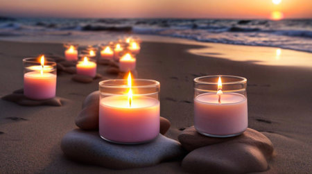 Lighted small candles in glass glasses against the background of the sea and a summer sunset. Generative AI.の素材