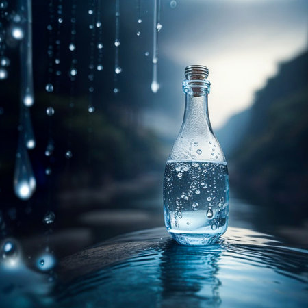 A glass bottle of crystal clear water against the backdrop of mountains and a small waterfall. A glass bottle of crystal clear water against the backdrop of mountains and a small waterfall.の素材