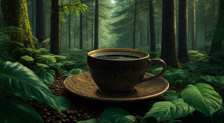 A cup of fragrant coffee close-up in a dense green forest. Generative AI.の素材