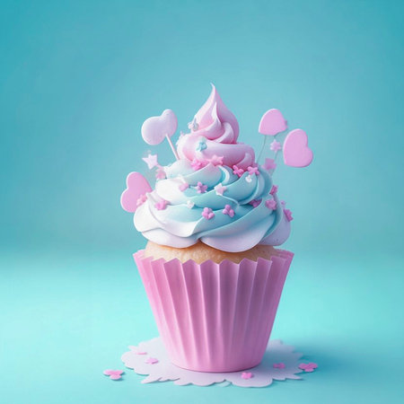 A large cupcake in a bright paper cup on a light background. Generative AI.の素材