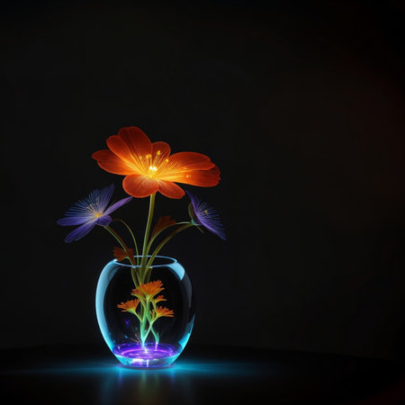 Decorative glowing flowers in a large transparent vase on a black background. Generative AI.の素材
