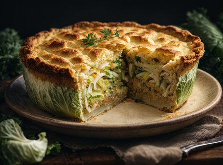 Homemade fresh cabbage pie close-up on a dark abstract background. Generative AI.の素材