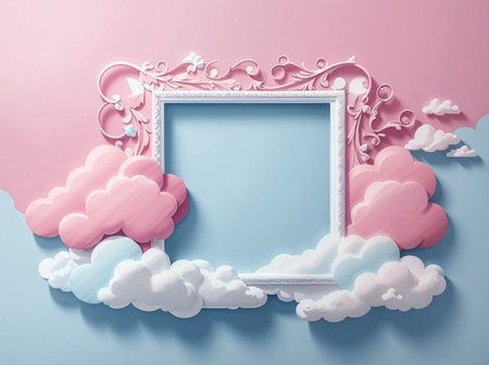 Paper applique around a white empty frame made in the shape of clouds in blue and pink tones. Generative AI.の素材