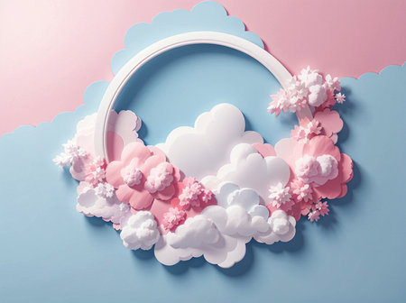 Paper applique around a white empty frame made in the shape of clouds in blue and pink tones. Generative AI.の素材