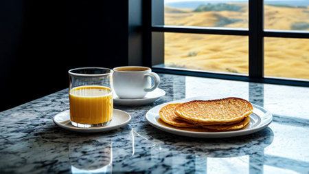 Morning breakfast, scrambled eggs on a beautifully served table at home. Generative AI.の素材