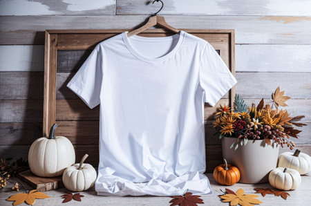 White T-shirt on a light wooden background decorated with pumpkins and yellow leaves. Generative AI.の素材