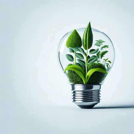 Eco friendly light bulb with green leaves on white background. Generative AI.の素材