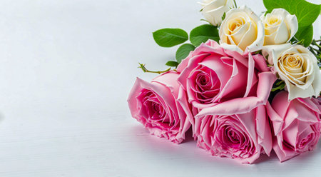 Beautiful bouquet of fresh roses, on a white background, space for text. Generative AI.の素材