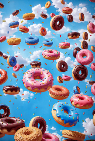 Falling donuts.Tasty donuts with pink, blue, glaze for baking on bright blue background. Generative AI.の素材