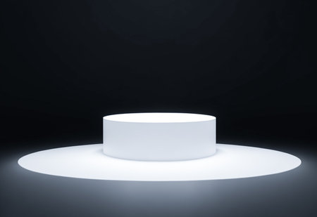 Minimalist black geometric pedestal for product showcase. Abstract black background. Generative AI.の素材