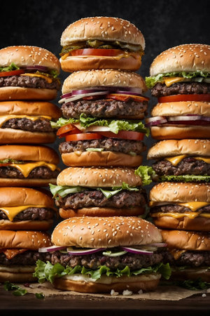 Stacks of different burgers on black background.Generative AI.の素材