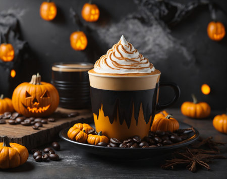 A Pumpkin Spice Latte in a Clear Mug on a Wooden Table. Generative AI.の素材
