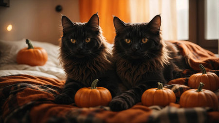 A cozy bed has a cat lying on it, around a pumpkin. Generative AI.の素材