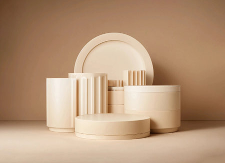 Empty round beige podium for product demonstration. Generative AI.の素材