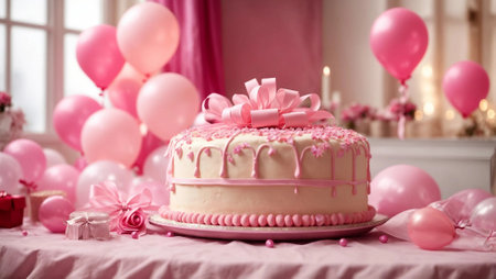 Beautiful pink cake around many balloons and gift boxes, in a large bright room. Generative AI.の素材