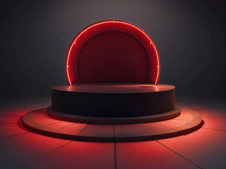 Black and red pedestal, round frame, abstract minimal concept. Generative AI.の素材