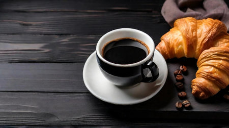Fresh cup of aromatic coffee and croissant on black wooden board. Space for text. Generative AI.の素材