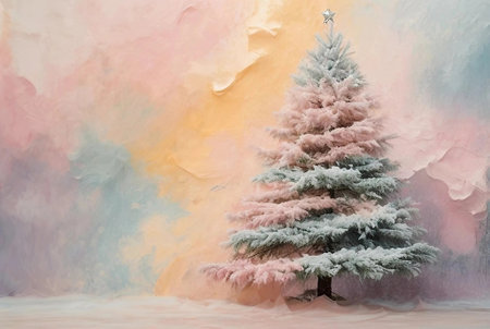 Christmas tree close-up on an abstract pastel background. Place for text. Generative AI.の素材