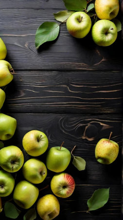 Ripe juicy green apples are scattered on a black wooden board. Space for text. Generative AIの素材